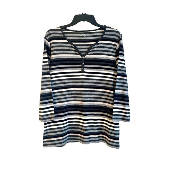 croft & barrow Tops - CROFT&BARROW, STRIPE PULLOVER TOP. GREY, BLACK & CREAM STRIPES. SIZE XL